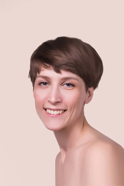Vackert kvinnligt ansikte på nära håll. porträtt av ung modell på studio på pastell — Stockfoto