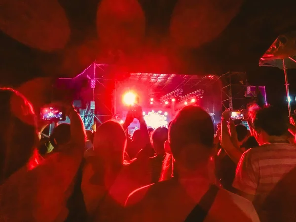 Menigte verhogen hun handen en genieten van groot festival feest of concert. — Stockfoto