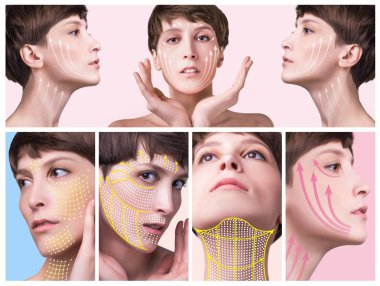 Genç kadın yüzü. Antiaging ve iplik kavram kaldırma