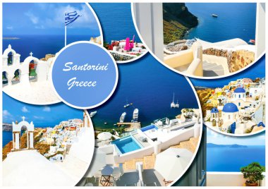 Farklı Santorini fotoğraf kümesi. Dinlenme ve Yunanistan kavramında seyahat.