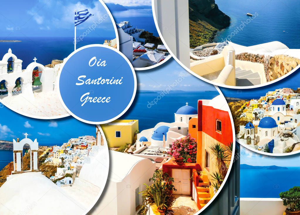 Set of different Santorini photos. Rest and traveling in Greece concept.