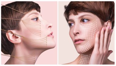 skin plastic surgery concept. Woman face with marks and arrows clipart