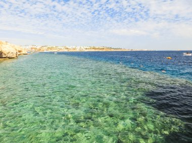 İnsanlar, Mısır 'ın Sharm El Sheikh kentindeki kızıl denizde mercan resifinin üzerindeki mavi sularda şnorkelle yüzüyorlar.