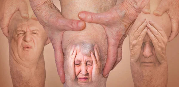 Uomini anziani che tengono il ginocchio doloranti. Collage. Concetto di dolore astratto e disperazione . — Foto Stock