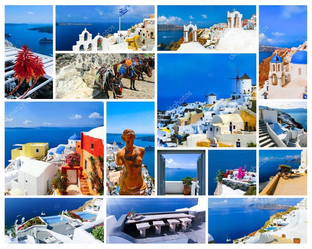 Set of different Santorini photos. Rest and traveling in Greece concept.