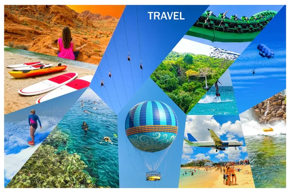 Actividad turística - Collage desde las vistas de las playas del Caribe - Excursión en barco haciendo snorkel en escenarios exóticos —  Fotos de Stock