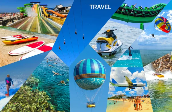 Actividad turística - Collage desde las vistas de las playas del Caribe - Excursión en barco haciendo snorkel en escenarios exóticos —  Fotos de Stock