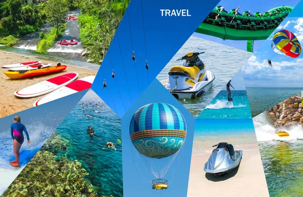 Travel activity - Collage from views of the Caribbean beaches - Boat trip snorkeling in exotic scenarios — Stock Photo, Image