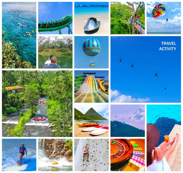 Actividad turística - Collage desde las vistas de las playas del Caribe - Excursión en barco haciendo snorkel en escenarios exóticos — Foto de Stock