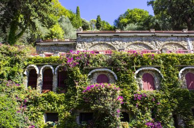 Portofino, Liguria, İtalya çiçekleriyle güzel geleneksel bir cadde.
