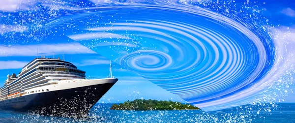 Cruise ship in open water. The side view of liner. Art collage