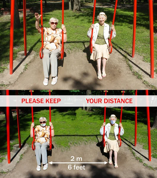 Senior Funny Women Social Distancing Sitting Park Covid Health Safety — Stock Fotó