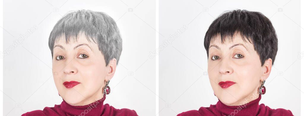 Head of a senior woman with gray hair. Hair coloring. Before and after concept.