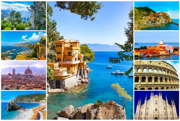 Collage of travel destinations from photos of Italy. The landscapes of Milan, Venice, Capri island, Manarola, Rome, Florence, Sorrento, Portofino