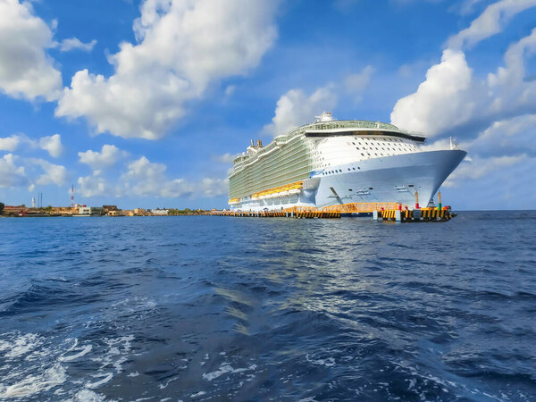 The big cruise ship docked in the Cozumel port during one of the Western Caribbean cruise