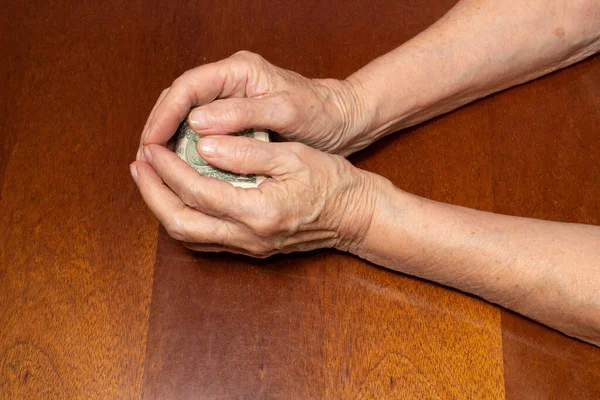 Senior Woman Holding Dollar Cash Old Female Money Hands Table — Stock Photo, Image