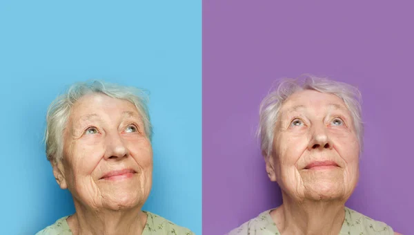 Χαμογελαστή Ηλικιωμένη Γυναίκα Μπλε Χρώμα Ελπίδα Και Όνειρα Έννοια — Φωτογραφία Αρχείου