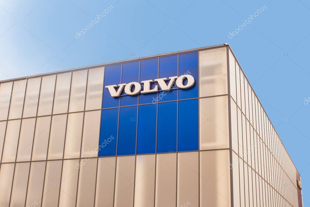 Kyiv, Ukraine - July 29, 2020: A Volvo logo seen on blue sky in Kiev, Ukraine on July 29, 2020
