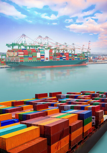 Logistics and transportation of international container cargo ship at port at sunset time, Freight , shipping, nautical vessel concept