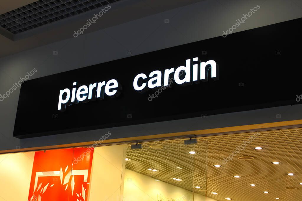 Kiyv, Ukraine - August 2, 2020: Pierre Cardin logo on the shop in the outlet center at Kiyv, Ukraine on August 2, 2020