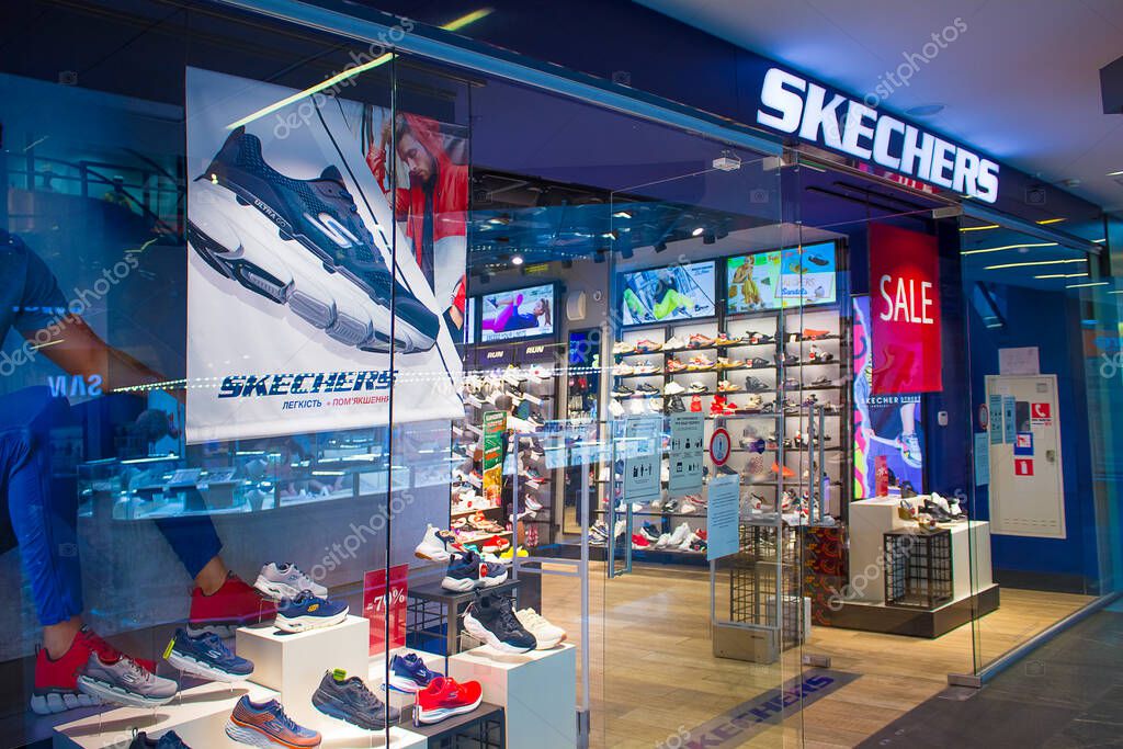 Kiyv, Ukraine - August 9, 2020: Sign of Skechers on the shop at Shopping Mall. Skechers is an American shoes company founded by CEO Robert Greenberg and his son Michael in 1992