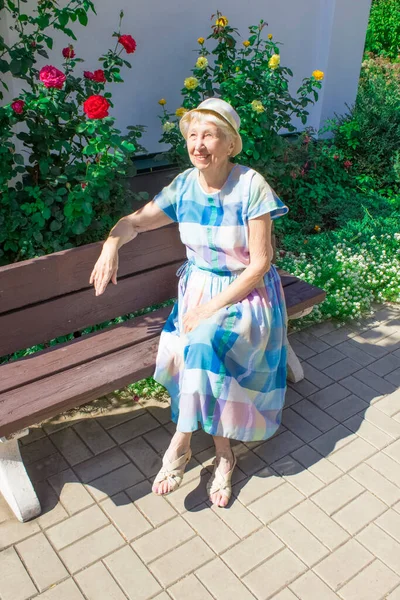 Ritratto Una Donna Anziana Sorridente Una Foto Sullo Sfondo Del — Foto Stock