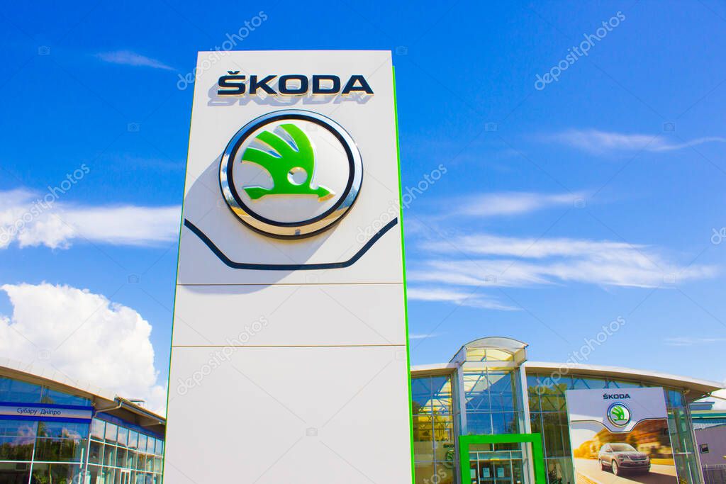 Kyiv, Ukraine - August 15, 2020: SKODA store at Kyiv, Ukraine on August 15, 2020. Skoda is an automobile manufacturer based in the Czech Republic.