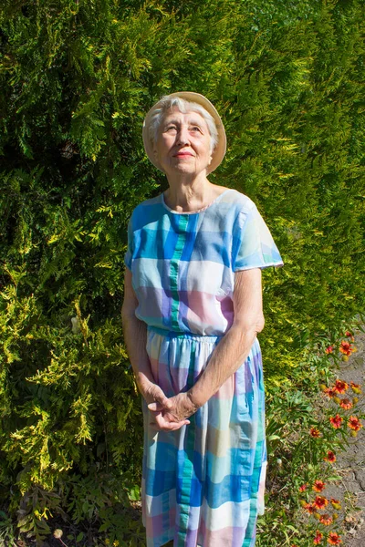 Retrato Una Anciana Sonriente Una Foto Fondo Del Parque Natural — Foto de Stock