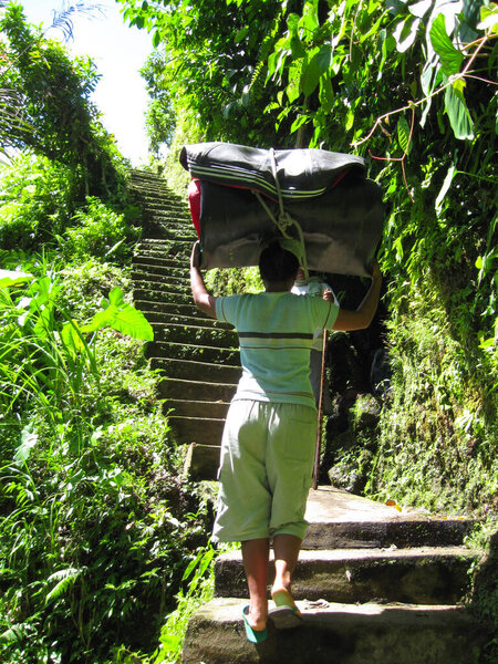 The local woman carrying on top of her head a bag in Bali, Indonesia. Back view