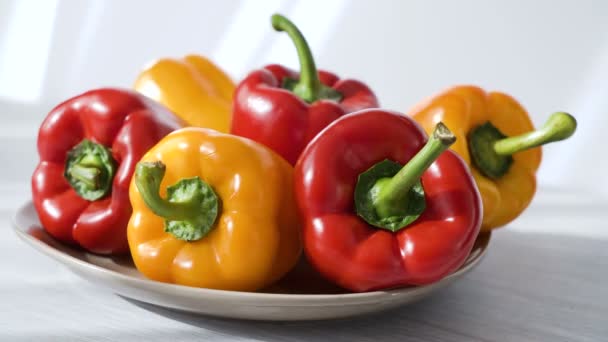 Цветной красный желтый Bell Pepper Размещен на тарелке — стоковое видео