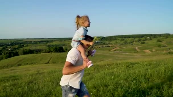 Pregnant couple with toddler daughter walking in green fields having leisure time — Stock Video