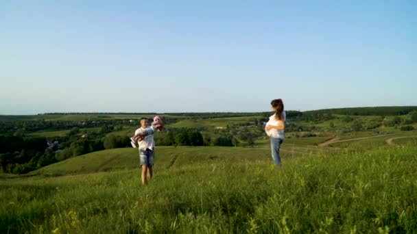 Pregnant couple with toddler daughter walking in green fields having leisure time — Stock Video