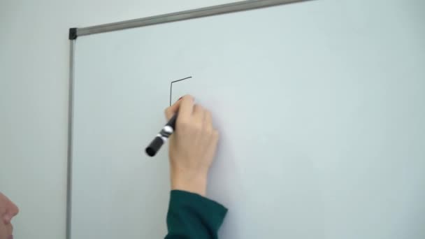 Closeup female teacher hand writing on a white chalkboard or blackboard in classroom — Stock Video