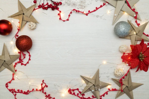 Noel ışıkları, yıldız, süs eşyaları, düz yatıyordu, en iyi görünüm, kopya alanı çerçeveli