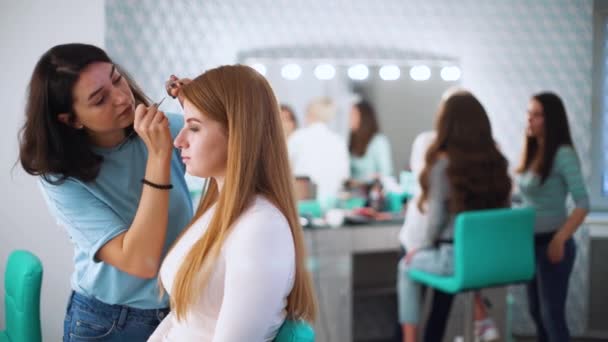 Artista de salón de belleza haciendo maquillaje profesional para el cliente femenino joven — Vídeos de Stock