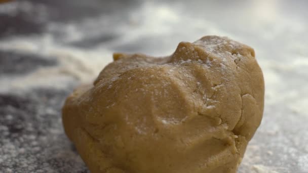 Ralentir la propagation de la farine sur la pâte et la rouler avec rouleau à pâtisserie gros plan — Video