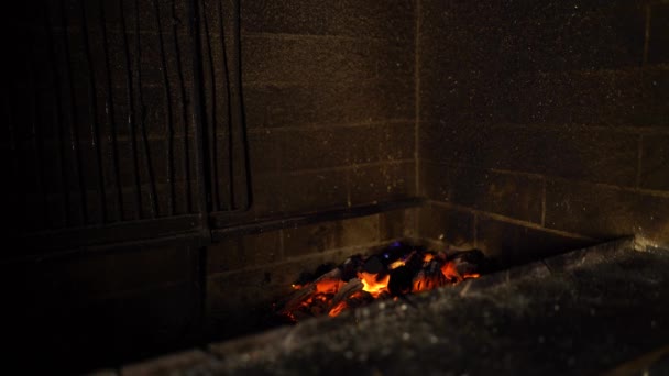 Огонь пламени горящего дерева в традиционной кирпичной печи в темноте — стоковое видео