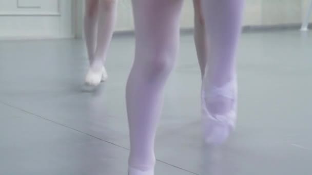 Closeup legs of little ballerinas group in white shoes practicing in classical ballet studio — Stock Video