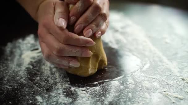 Primer plano de las manos de la mujer amasando masa en la mesa cubierta de harina — Vídeo de stock