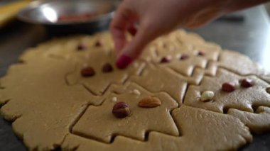 Kadın el ham kurabiye fındık closeup ile Noel ağacı şeklinde kesilmiş süsle