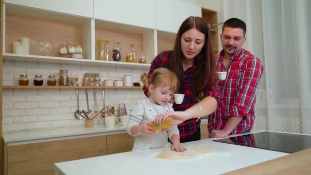 Familia feliz divirtiéndose juntos en la cocina — Vídeos de Stock