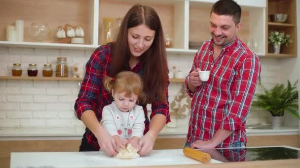 Fröhliche Familie, die gemeinsam in der Küche Spaß hat — Stockvideo