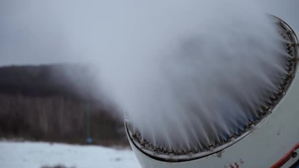 Artificial snow production by snow gun — Stock Video