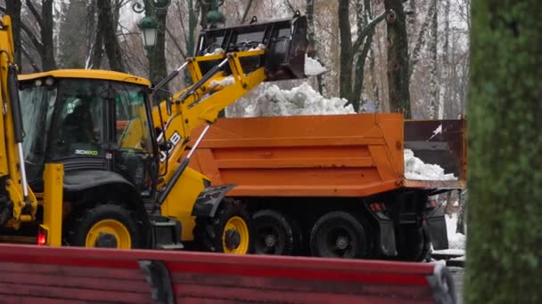 Kharkiv, Oekraïne - Dec 22, 2018: graafmachine sneeuw laden in de vrachtwagen in stadspark — Stockvideo