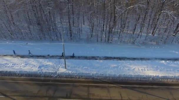 Aérea de personas que trotan en el camino entre la carretera de la ciudad y el bosque en invierno — Vídeos de Stock