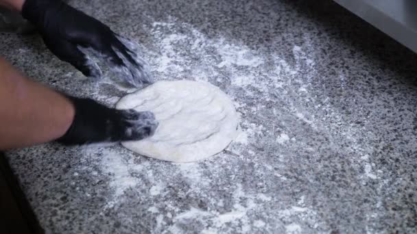 Cook Preparing Dough Making Pizza Male Hands Gloves Kneading Fresh — Stock Video