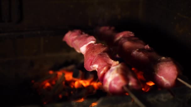 Closeup of smoked meat roasting on skewers in traditional wood fired oven — Stock Video