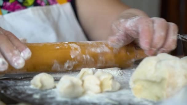 Close-up de mãos de mulher sênior rolando pedaços de massa com rolo de pino — Vídeo de Stock