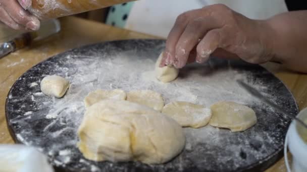 Gros plan de la femme âgée mains rouler des morceaux de pâte avec rouleau à pâtisserie — Video