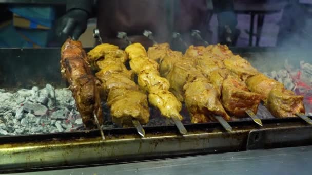 Closeup of barbecue on skewers grilled on charcoal in slow motion — Stock Video